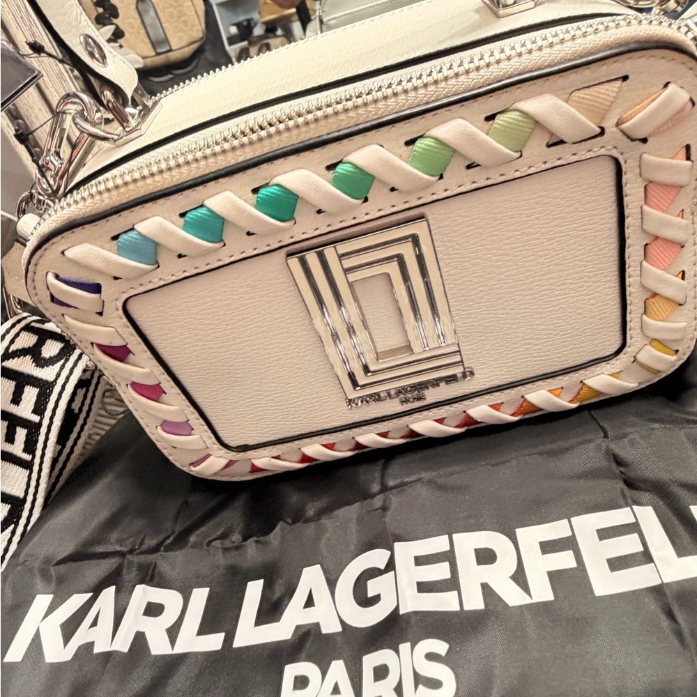 Karl Lagerfeld White Crossbody Camera Bag with Multicolor Braided Trim - Picture 2 of 6
